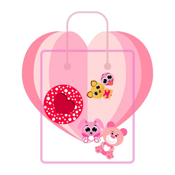 Valentine Day Cat Bunny Bear Heart Smiley Vector Background — стоковый вектор