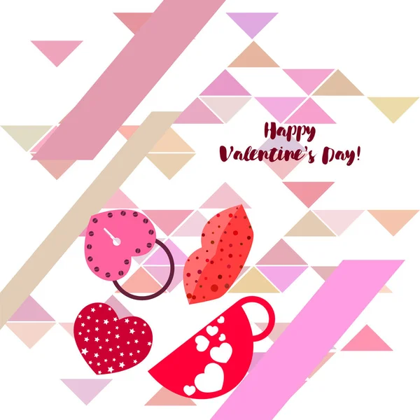 Día San Valentín Taza Cerradura Labios Corazón Vector Fondo — Vector de stock