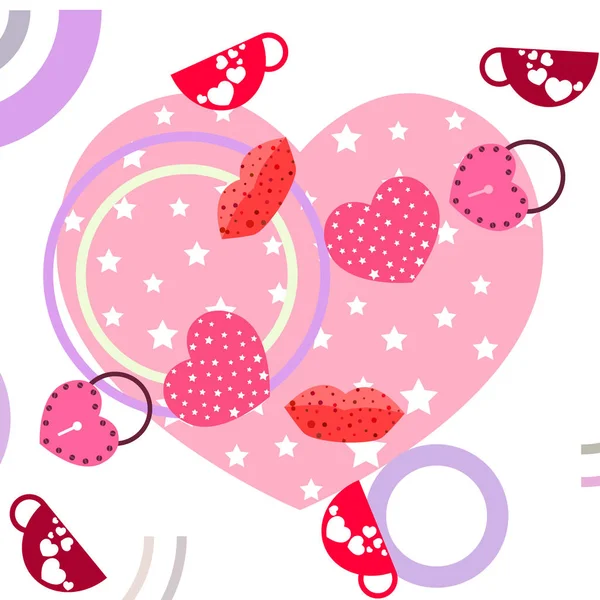 Día San Valentín Taza Cerradura Labios Corazón Vector Fondo — Vector de stock