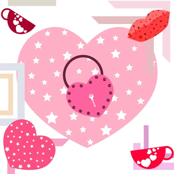 Día San Valentín Taza Cerradura Labios Corazón Vector Fondo — Vector de stock