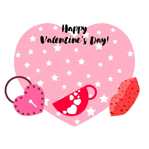 Día San Valentín Taza Cerradura Labios Corazón Vector Fondo — Vector de stock