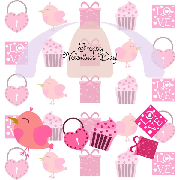 Set Celebratory Elements Valentine Day Flat Vector Illustration Isolated White — Stock Vector