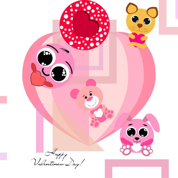 Valentine Day Cat Bunny Bear Heart Smiley Vector Background — стоковый вектор