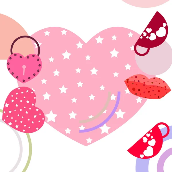 Día San Valentín Taza Cerradura Labios Corazón Vector Fondo — Vector de stock