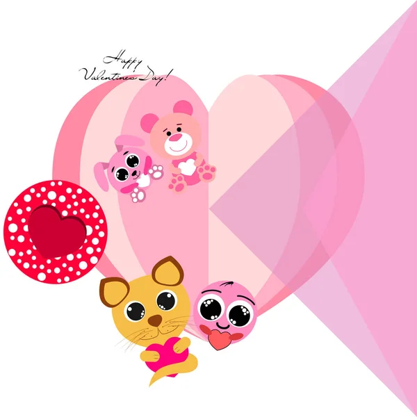 Valentine Day Cat Bunny Bear Heart Smiley Vector Background — Stock Vector