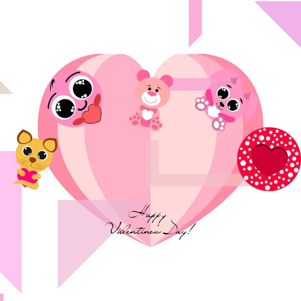 Valentine Day Cat Bunny Bear Heart Smiley Vector Background — стоковый вектор