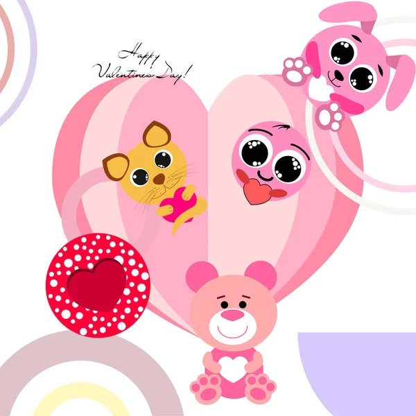 Valentine Day Cat Bunny Bear Heart Smiley Vector Background — Stock Vector