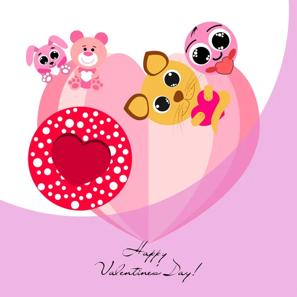 Valentine Day Cat Bunny Bear Heart Smiley Vector Background — стоковый вектор