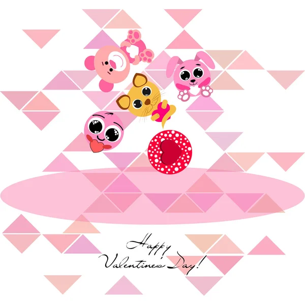 Valentine Day Cat Bunny Bear Heart Smiley Vector Background — стоковый вектор