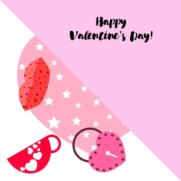 Día San Valentín Taza Cerradura Labios Corazón Vector Fondo — Vector de stock