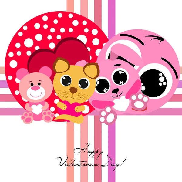 Valentine Day Cat Bunny Bear Heart Smiley Vector Background — стоковый вектор