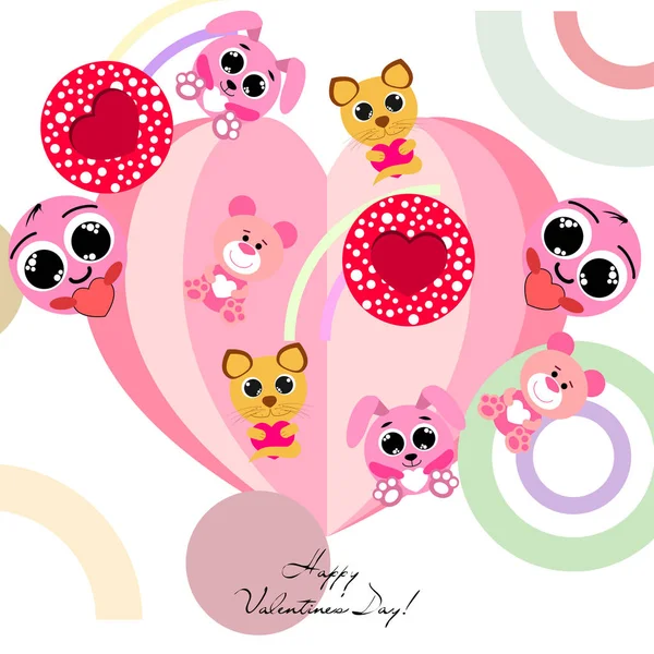 Valentine Day Cat Bunny Bear Heart Smiley Vector Background — стоковый вектор