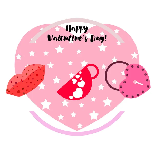 Día San Valentín Taza Cerradura Labios Corazón Vector Fondo — Vector de stock