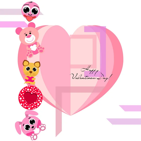 Valentine Day Cat Bunny Bear Heart Smiley Vector Background — стоковый вектор