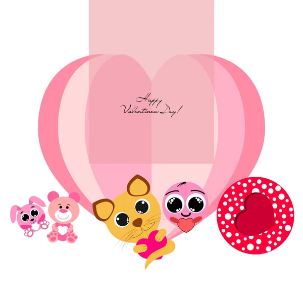 Valentine Day Cat Bunny Bear Heart Smiley Vector Background — стоковый вектор