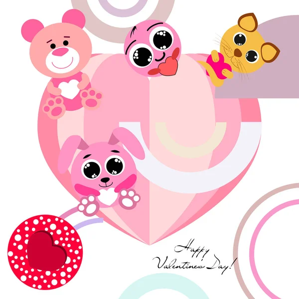 Valentine Day Cat Bunny Bear Heart Smiley Vector Background — стоковый вектор