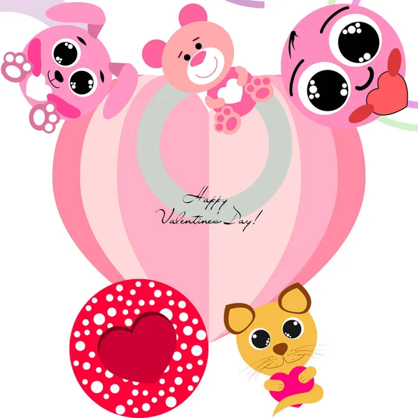 Valentine Day Cat Bunny Bear Heart Smiley Vector Background — стоковый вектор