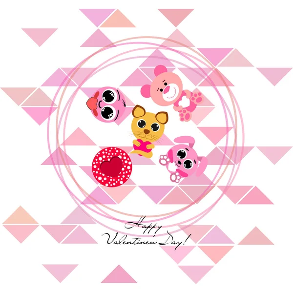 Valentine Day Cat Bunny Bear Heart Smiley Vector Background — стоковый вектор