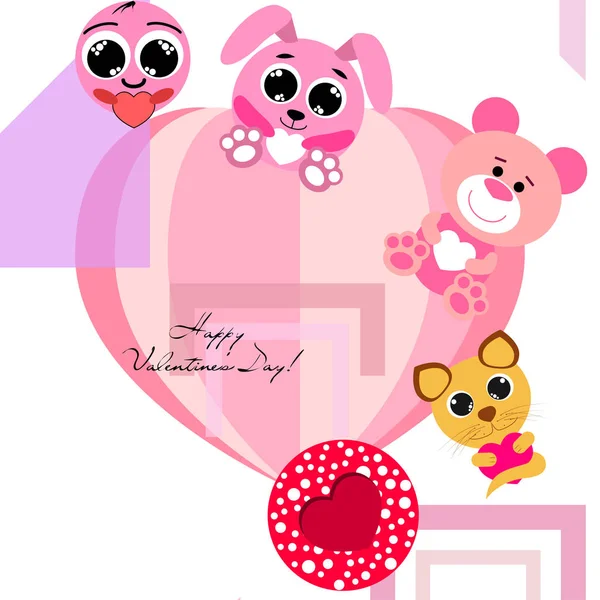 Valentine Day Cat Bunny Bear Heart Smiley Vector Background — стоковый вектор