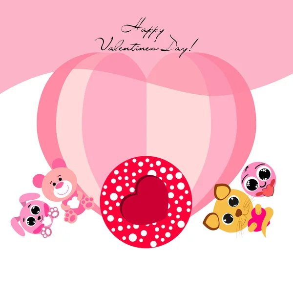 Valentine Day Cat Bunny Bear Heart Smiley Vector Background — стоковый вектор