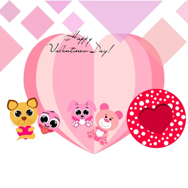 Valentine Day Cat Bunny Bear Heart Smiley Vector Background — Stock Vector