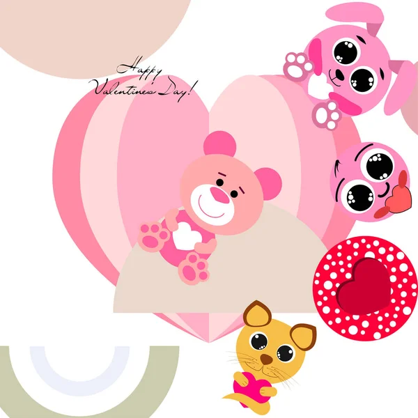 Valentine Day Cat Bunny Bear Heart Smiley Vector Background — стоковый вектор