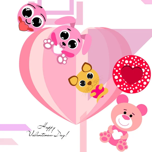 Valentine Day Cat Bunny Bear Heart Smiley Vector Background — стоковый вектор