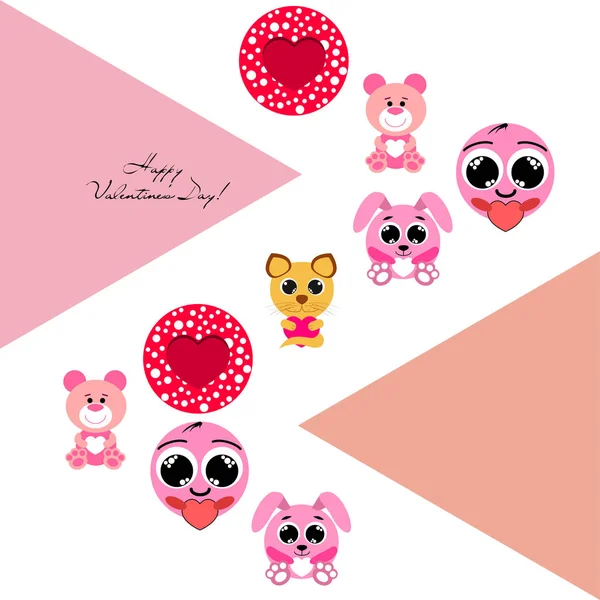 Valentine Day Cat Bunny Bear Heart Smiley Vector Background — стоковый вектор