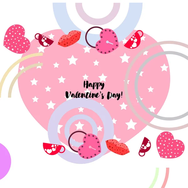 Día San Valentín Taza Cerradura Labios Corazón Vector Fondo — Vector de stock