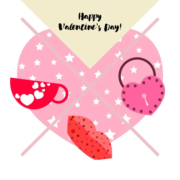 Día San Valentín Taza Cerradura Labios Corazón Vector Fondo — Vector de stock