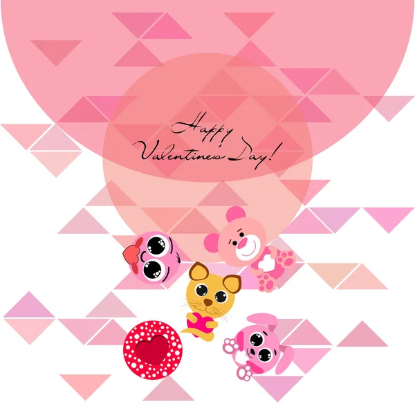 Valentine Day Cat Bunny Bear Heart Smiley Vector Background — стоковый вектор