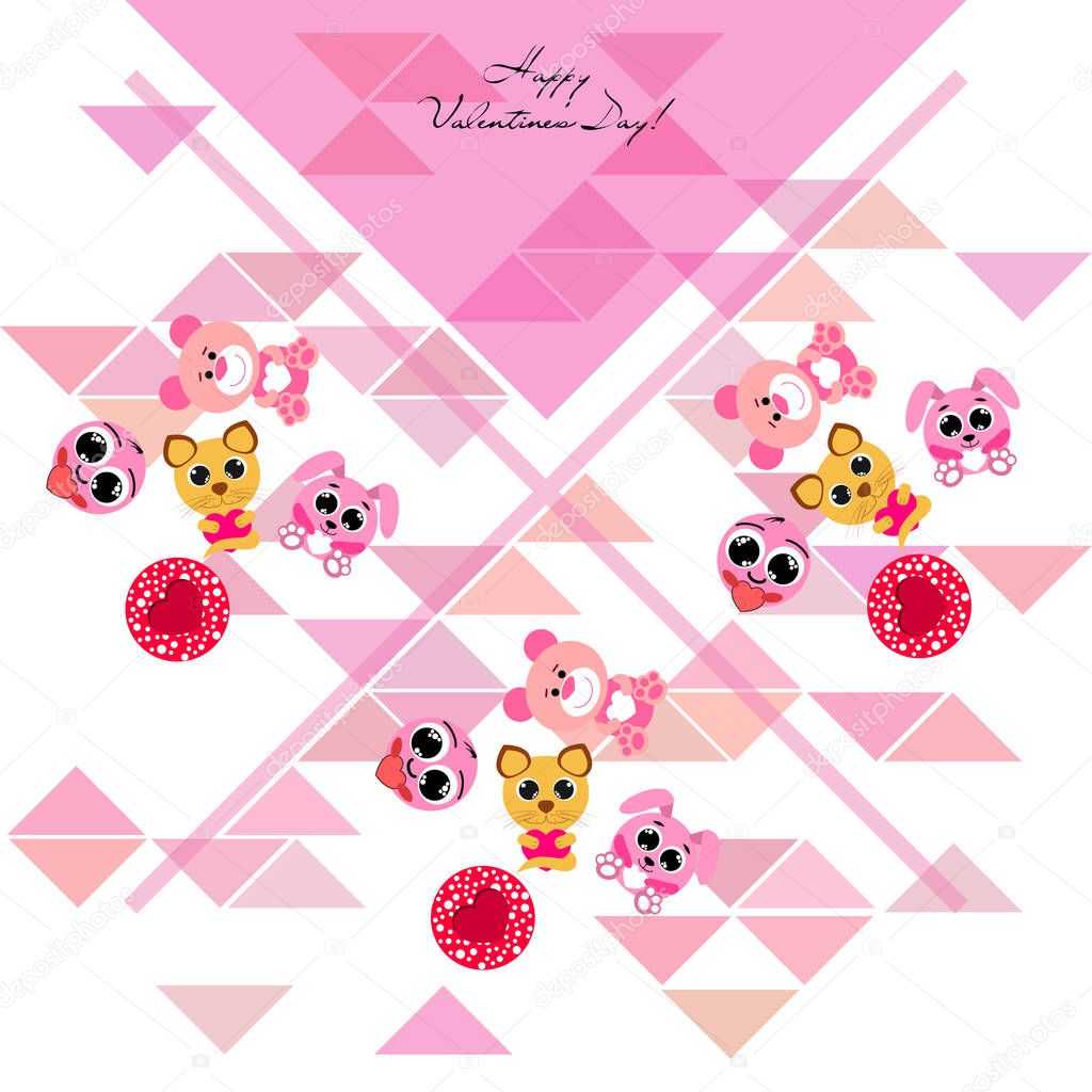 Valentine's Day, cat, bunny, bear, heart,smiley, vector background