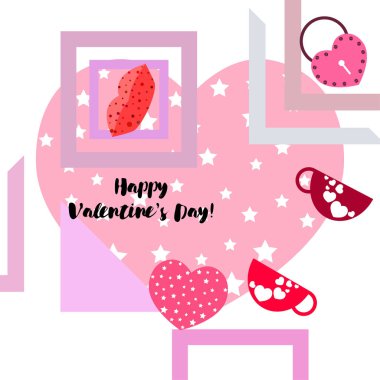 Sevgililer günü, kupa, kilit, dudaklar, kalp, vektör arka plan