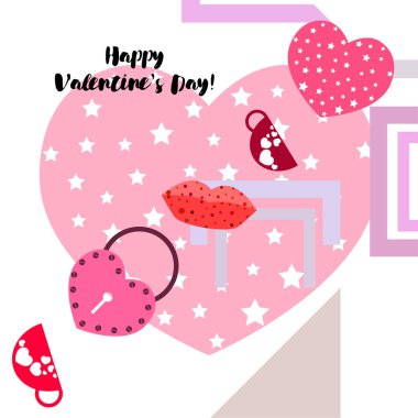 Sevgililer günü, kupa, kilit, dudaklar, kalp, vektör arka plan