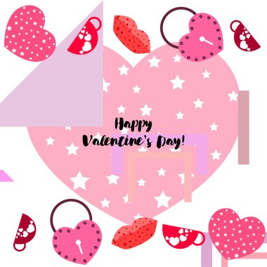 Sevgililer günü, kupa, kilit, dudaklar, kalp, vektör arka plan