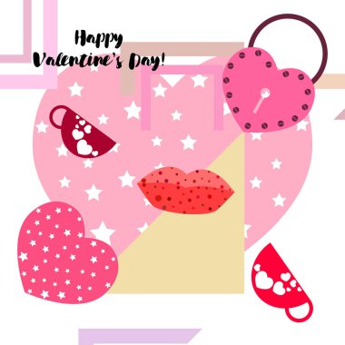 Sevgililer günü, kupa, kilit, dudaklar, kalp, vektör arka plan