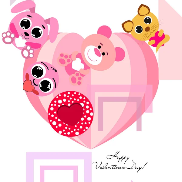 Valentine Day Cat Bunny Bear Heart Smiley Vector Background — Stock Vector