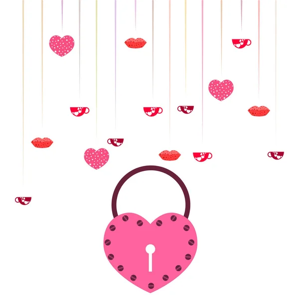 Día San Valentín Taza Cerradura Labios Corazón Vector Fondo — Vector de stock