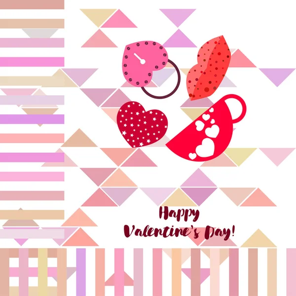 Día San Valentín Taza Cerradura Labios Corazón Vector Fondo — Vector de stock