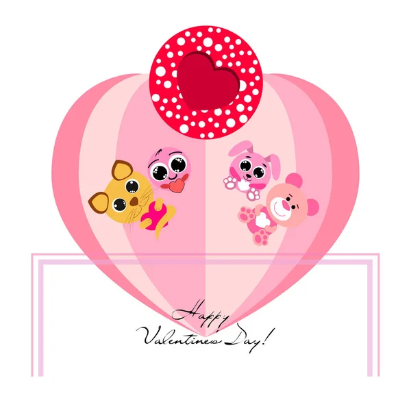 Valentine Day Cat Bunny Bear Heart Smiley Vector Background — стоковый вектор