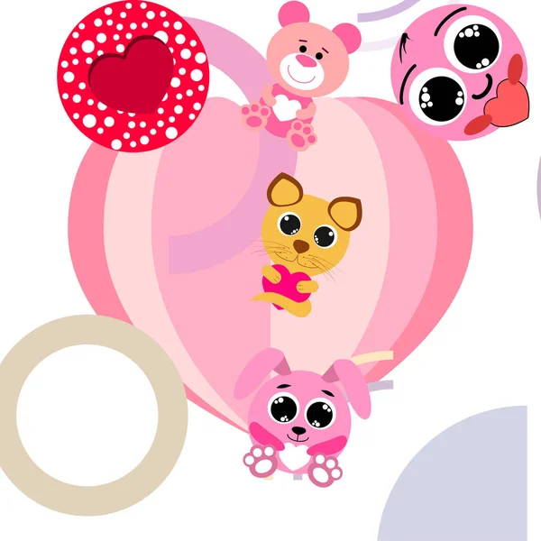 Valentine Day Cat Bunny Bear Heart Smiley Vector Background — стоковый вектор