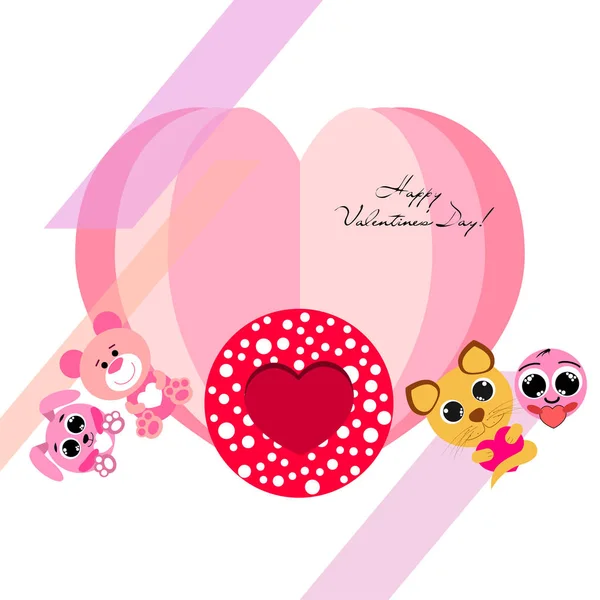 Valentine Day Cat Bunny Bear Heart Smiley Vector Background — стоковый вектор