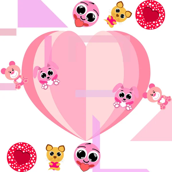 Día San Valentín Gato Conejo Oso Corazón Sonriente Vector Fondo — Vector de stock