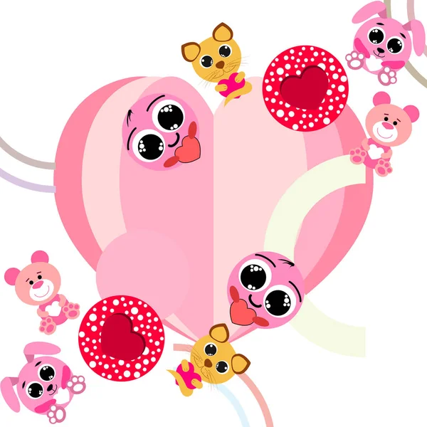 Valentine Day Cat Bunny Bear Heart Smiley Vector Background — стоковый вектор