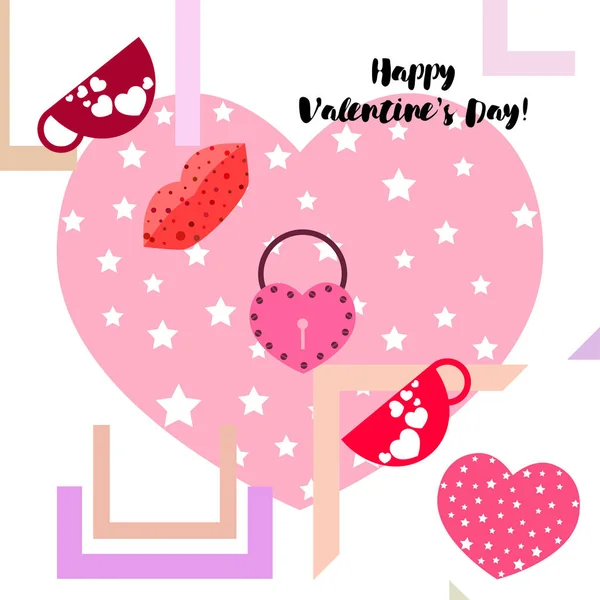 Día San Valentín Taza Cerradura Labios Corazón Vector Fondo — Vector de stock