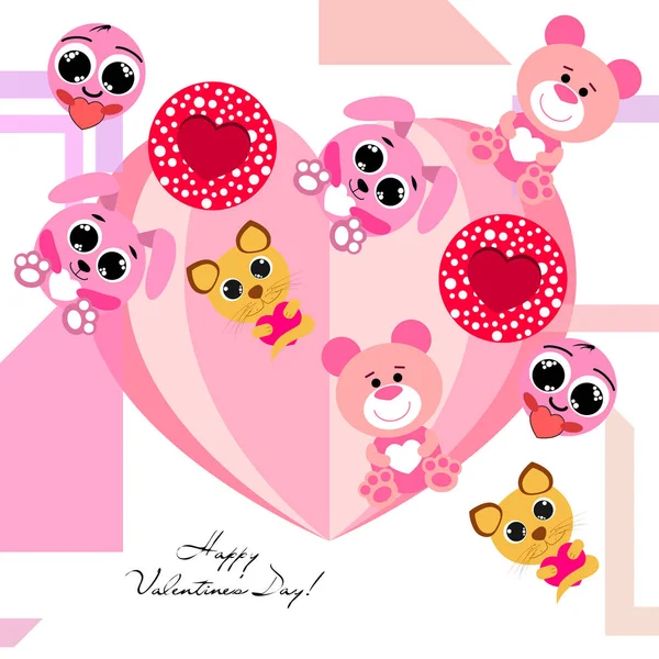 Valentine Day Cat Bunny Bear Heart Smiley Vector Background — стоковый вектор