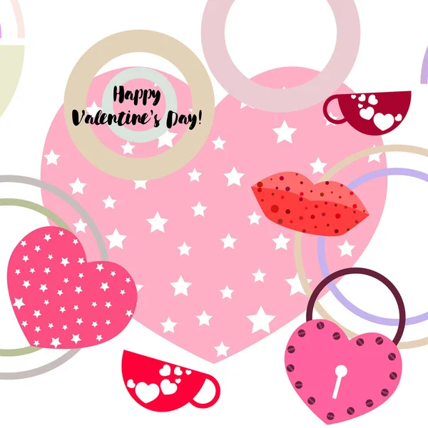 Día San Valentín Taza Cerradura Labios Corazón Vector Fondo — Vector de stock