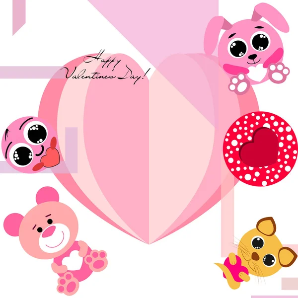 Valentine Day Cat Bunny Bear Heart Smiley Vector Background — стоковый вектор