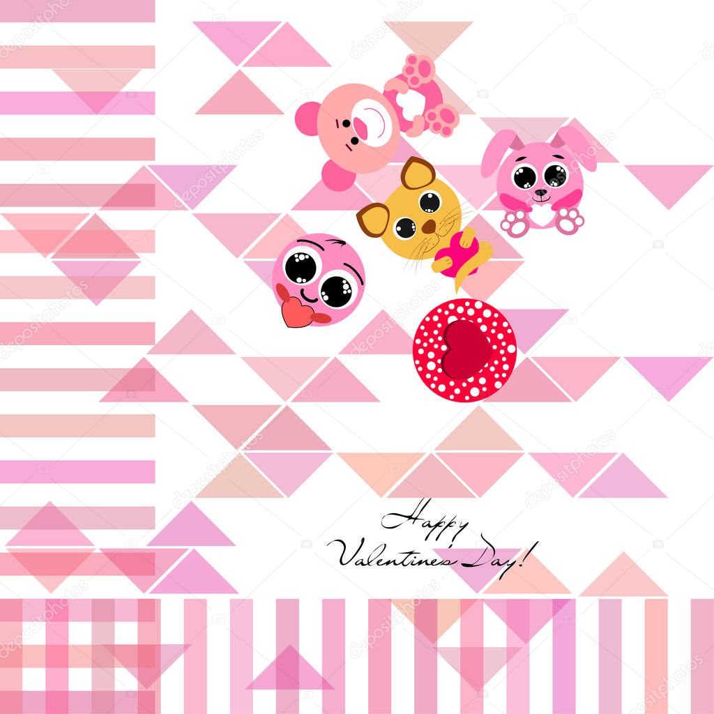 Valentine's Day, cat, bunny, bear, heart,smiley, vector background