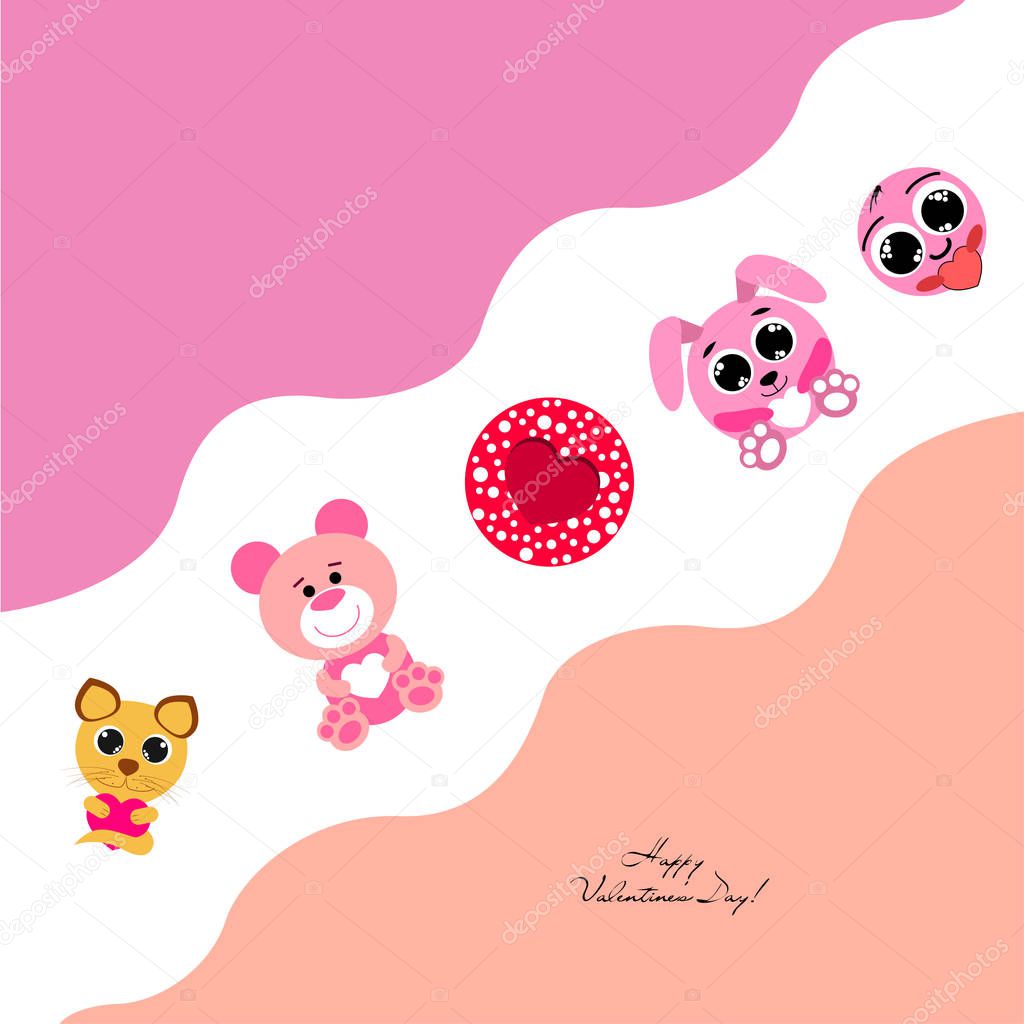 Valentine's Day, cat, bunny, bear, heart,smiley, vector background